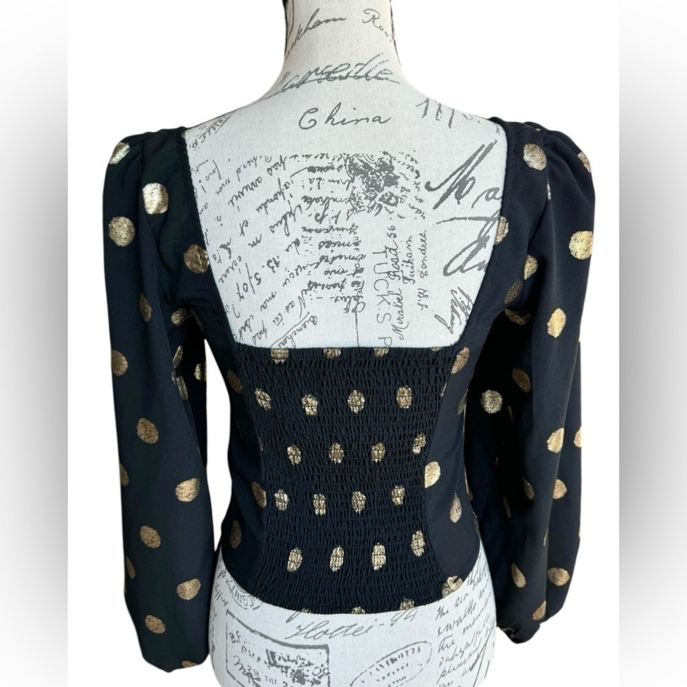 Urban Outfitters Rosalind Puff Sleeve Top Black and Gold Womens Size Small - Picture 5 of 13